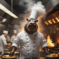 Hippopotamus Head with Human Body Chef in a white...